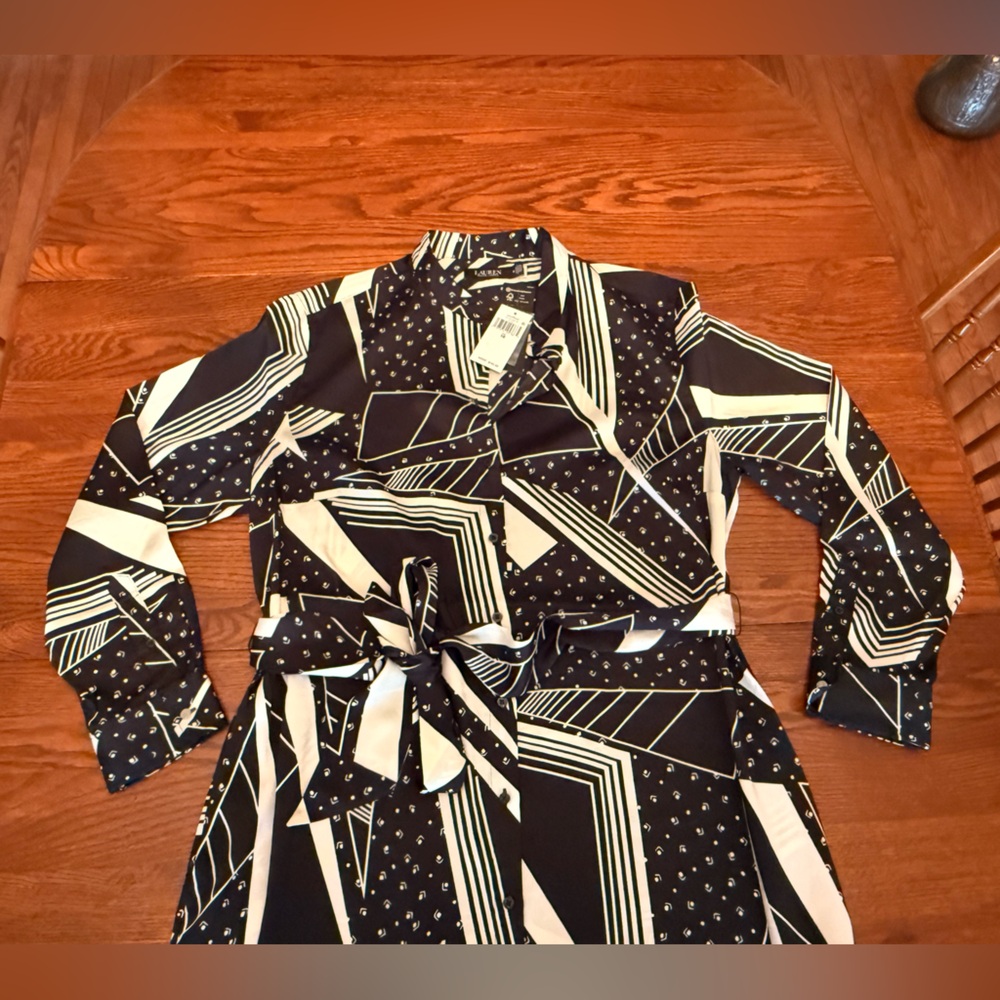 NWT Ralph Lauren Geo-Print Belted Sateen Silky Twill Shirtdress Black Cream 18 - Picture 13 of 16